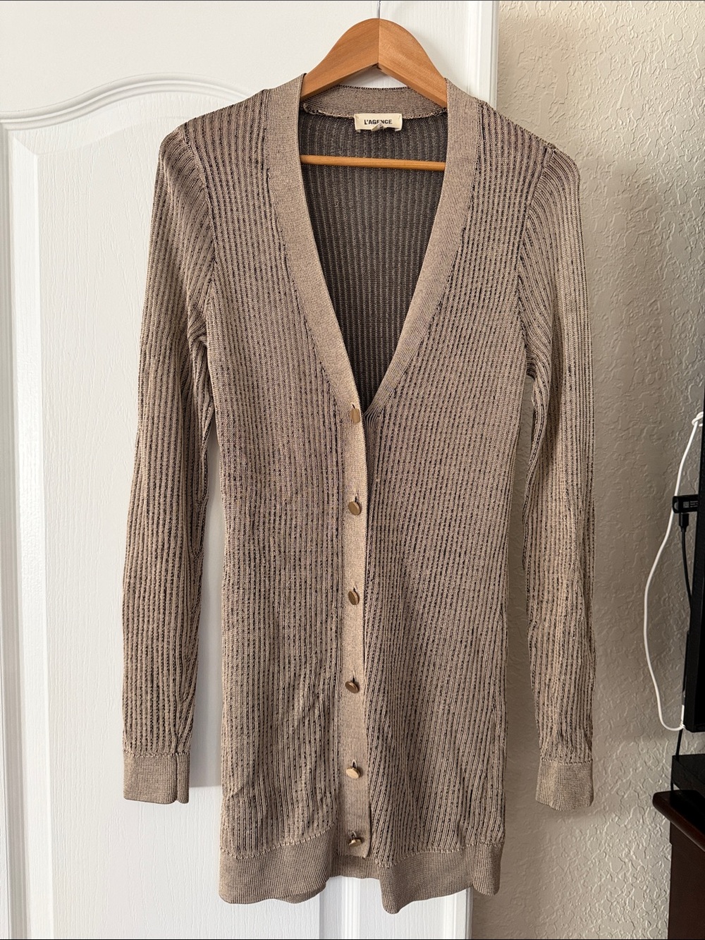 L'AGENCE  Millie Cardigan Long Ribbed Taupe Gold Metallic - Picture 3 of 10